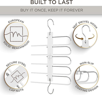 MORALVE Pants Hangers Space Saving - 2 Pack European Beechwood Scarf and Jean Hangers - Closet Organizer and Space Saver Pant