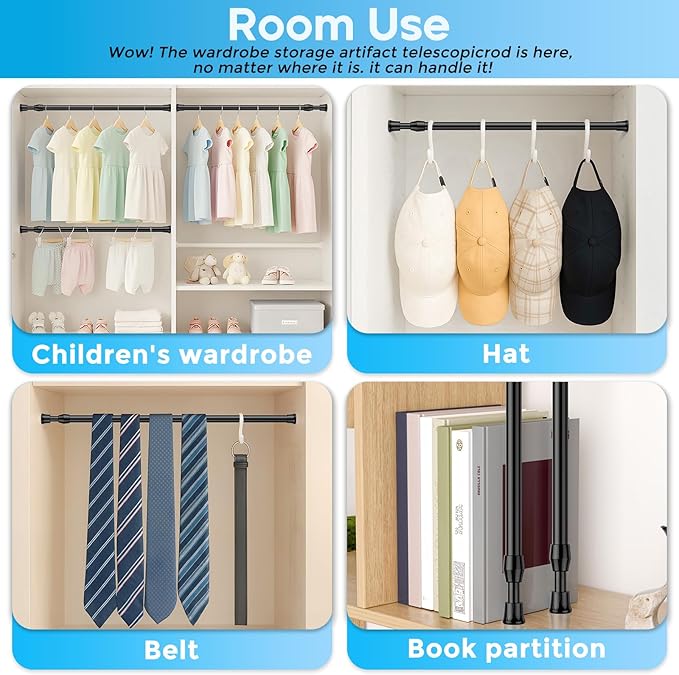 Tension Curtain Rod 28-48 inch Small Tension Rods Black Adjustable Spring Tension Curtain Rods 4PCS Mini Curtain Rod Short fo