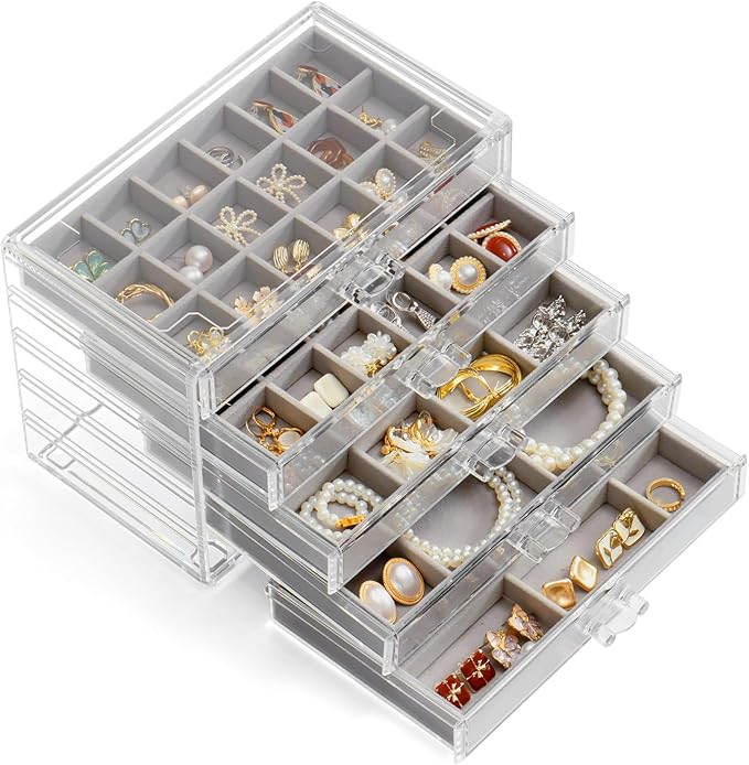YUFONG Jewelry Organizer with 5 Drawers Clear Acrylic Earring Display Case Velvet Jewelry Storage Box Display Holder for Earr