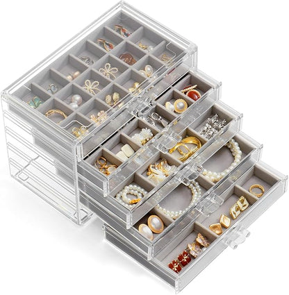 YUFONG Jewelry Organizer with 5 Drawers Clear Acrylic Earring Display Case Velvet Jewelry Storage Box Display Holder for Earr