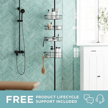 Zenna Home Tension Pole Shower Caddy Corner Organizer, Adjustable Standing Shower Caddy with 4 L-shaped Baskets and Hooks, Ru