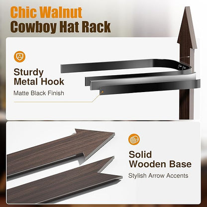 Cinati Cowboy Hat Rack Wall Mount - Wooden Western Rustic Metal Hanger With Arrow Sign Board - Holds up to 4 Hats, Fedora, Su