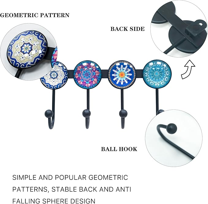 Coat Rack Wall Mounted with 4 Hooks, Round Blue Pattern Decorative Wall Hooks for Hanging Hat, Key, Towel, Purse, Bag and Rob