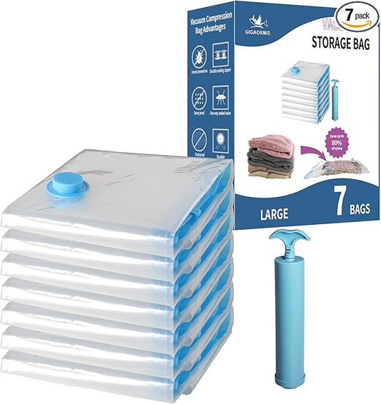 7 Pack Large Space Saver Vacuum Storage Bags for Clothing Travel, Vacuum Seal Compression Bags for Clothes, Packing, Luggage,