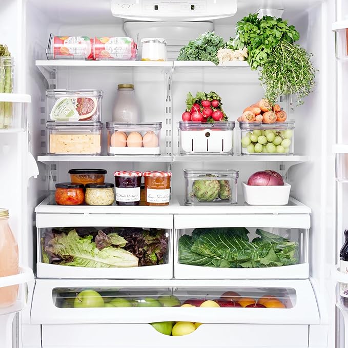 iDesign Crisp 7-Piece Recycled Plastic Refrigerator Organizer Bin Set with Lids, Clear/White