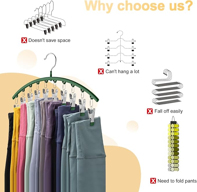 Legging Organizer for Closet, Metal Yoga Pants Hangers 4 Pack w/10 Clips Holds 40 Leggings, Space Saving Hanging Closet Organ