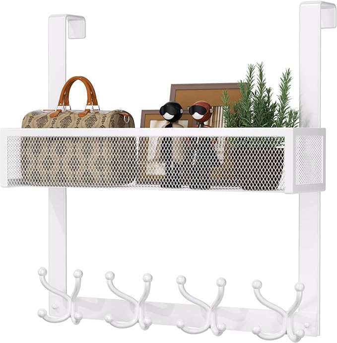 Consumest Over The Door Hooks Organizer - Door Hanger with Mesh Basket & 16 Coat Rack Hooks, Back Storage Organizer for Bedro
