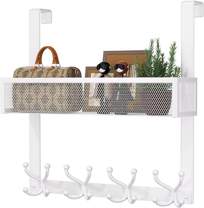 Consumest Over The Door Hooks Organizer - Door Hanger with Mesh Basket & 16 Coat Rack Hooks, Back Storage Organizer for Bedro