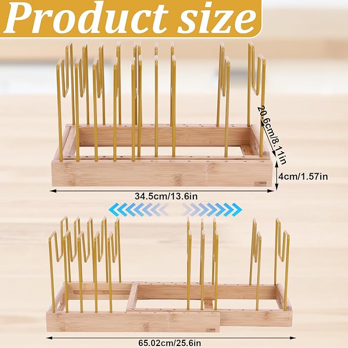 Bamboo Pot Lid Organizer Pot Lid Holder, Pot and Pan Organizer Drawer Organizer for Pot Lids, Pans, Cutting Boards & Baking Sheets, Dinner Plates, Reusable Containers in Cabinet Storage
