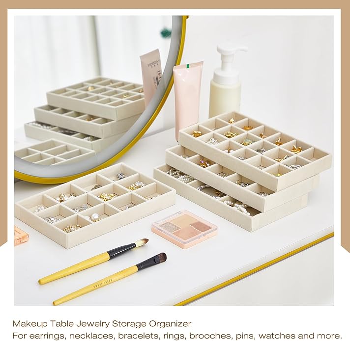 Junkin 12 Pcs Jewelry Tray Velvet Stackable Jewelry Organizer Trays Divided Earring Accessories Storage Containers Box (Rose 