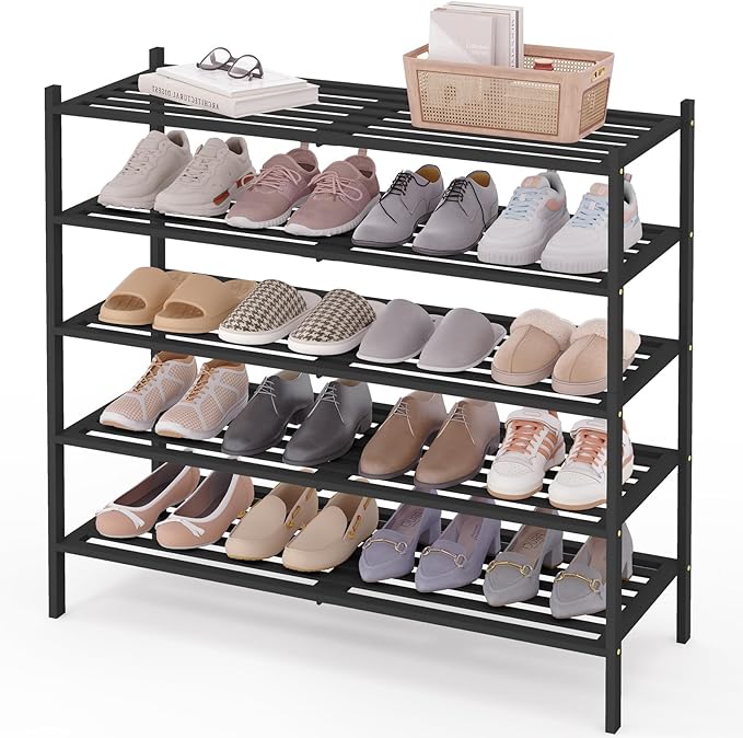 Smiry Long Bamboo Shoe Rack 5-Tier, Stackable Wooden Shoe Organizer for Entryway & Closet, Free Standing Wood Shoe Storage Sh