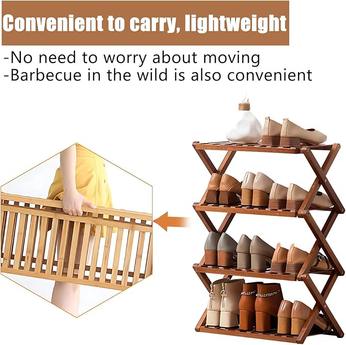 Jessie Bamboo Shoe Rack,Free Standing Shoe Rack for Closet,Portable Folding Shoe Storage Rack, Space Saving,Shoe Shelf for Be