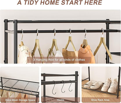 Neprock Portable Closets for Hanging Clothes, Freestanding Clothing Rack with 3 Hang Rods & 5 Shelves, Metal Wardrobe Garment