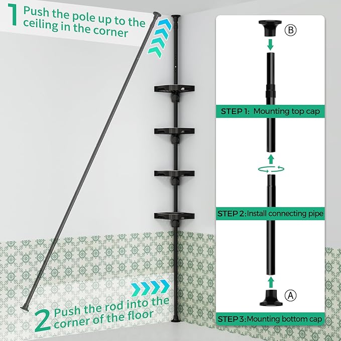 4-Tier Corner Shower Caddy Tension Pole Organizer - Adjustable Rustproof Metal Tension Pole, Plastic Shelves with Safety Guar