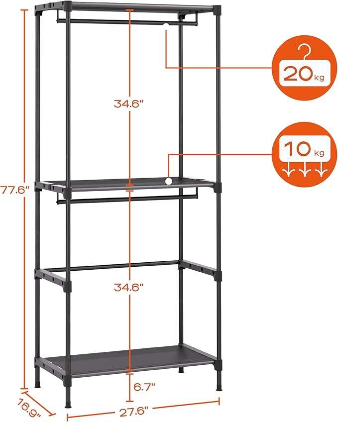 CASAMAYA Clothes Rack, Portable Closet, 27.6 Inch Wardrobe Closet, Clothes Storage Organizer with Shelves and 2 Hanging Rods,