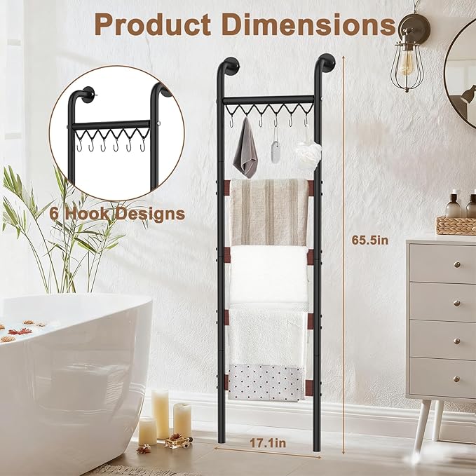 Wooden Blanket Ladder, Wall-Leaning Blanket Rack, 5 Tier Ladder Shelf, 5.6 ft Blanket Holder, Decorative Display Ladder Shelf
