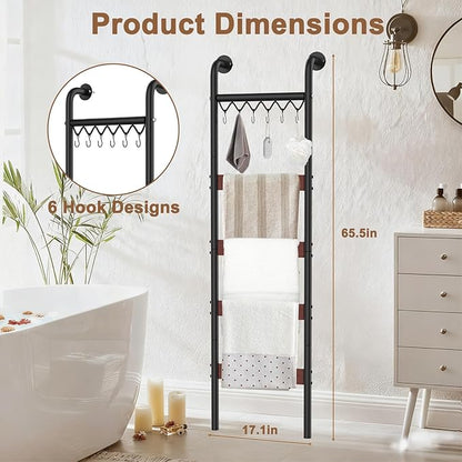 Wooden Blanket Ladder, Wall-Leaning Blanket Rack, 5 Tier Ladder Shelf, 5.6 ft Blanket Holder, Decorative Display Ladder Shelf