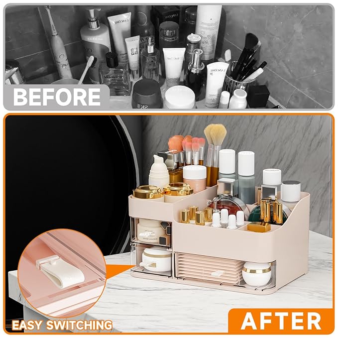 Pink Make up Organizers for Vanity with 3 Drawers,Large Skincare Organizers for Countertop,Desk,Dresser,Plastic Bathroom Coun