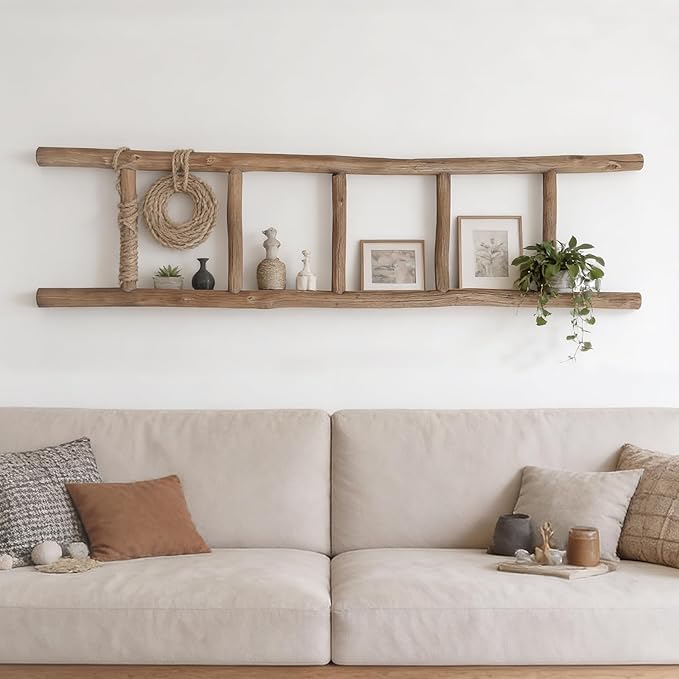 Wooden Blanket Ladder Natural & Motley Wood - Leaning Wall Decor for Bedroom, Bathroom, Living Room - Rustic Quilt Holder & T