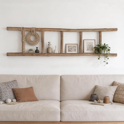Wooden Blanket Ladder Natural & Motley Wood - Leaning Wall Decor for Bedroom, Bathroom, Living Room - Rustic Quilt Holder & T