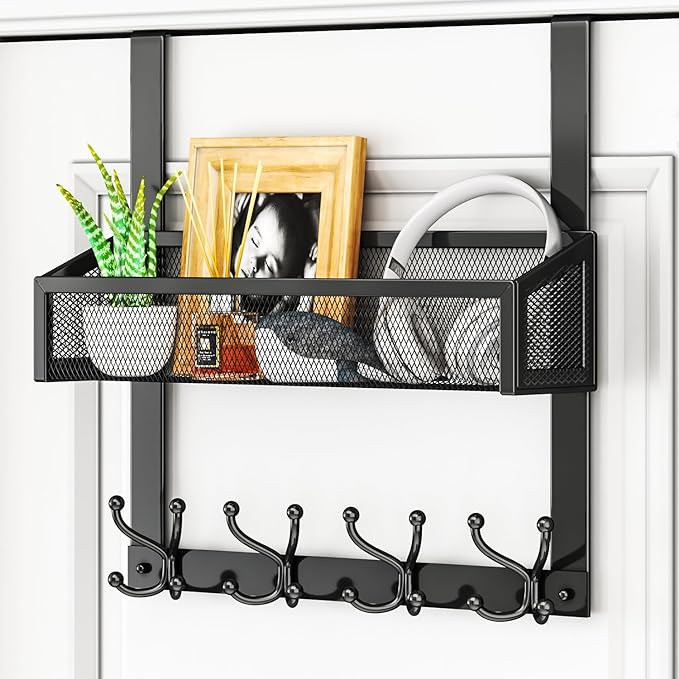 HapiRm Over The Door Hooks - Easy Installation Door Hanger with Basket and 16 Hooks, 304 Stainless Steel Storage Organizer fo