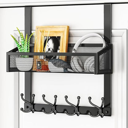 HapiRm Over The Door Hooks - Easy Installation Door Hanger with Basket and 16 Hooks, 304 Stainless Steel Storage Organizer fo