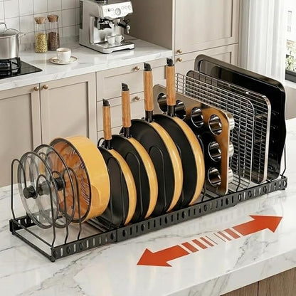 Pot and Pan Organizer Rack for Cabinet, 3 Expandable Pot Lid Organizer Holder with 12 Adjustable Compartment for Kitchen Cutting Board, Pan Lid, Cabinet Cookware Baking
