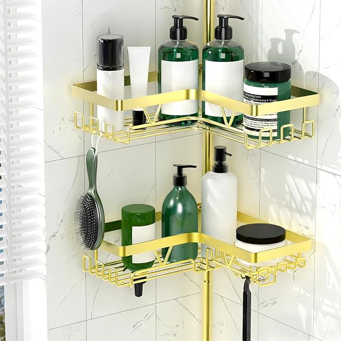 Shower Caddy Tension Pole with 2 Soap Holders, Adjustable Corner Shower Caddy, Gold Finish, Expandable 25-114.2 Inches for Ba
