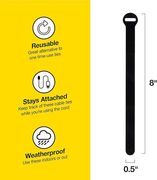 Self-Gripping Cable Ties by Wrap-It Storage, Black, 8 Inch Straps (30-pack) – Reusable Hook and Loop Cord Organizer Cable Ties for Cord Management and Desk or Office Organization