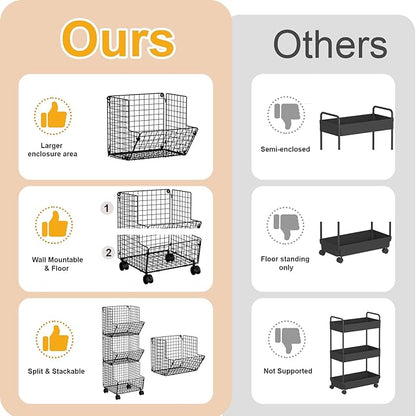 Sonyabecca Outdoor Toy Storage Basket, Play Kitchen Organizer with 5 S-Hooks,3 Tier Rolling Storage Cart Garage, Pantry Floor