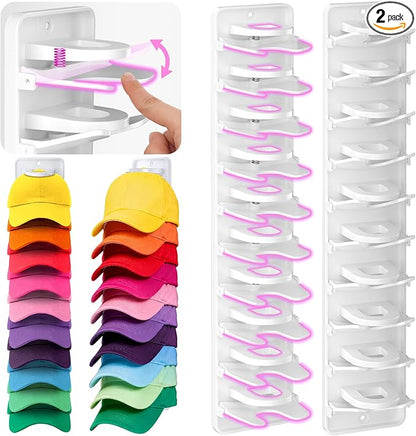 Spring Clip Hat Organizer for Baseball Caps – 2 Pack, Wall Hat Rack for Door & Closet – Keeps 20 Hats Tidy in Garage, Dorm, M