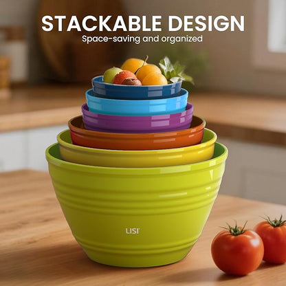 LISI 23Pcs Mixing Bowls Set with Lids, Airtight BPA-Free Nesting Bowls for Mixing, Baking, Cooking & Storage, Dishwasher Safe Serving Bowl, Includes Spatula, Spoons, Brush & Whisk