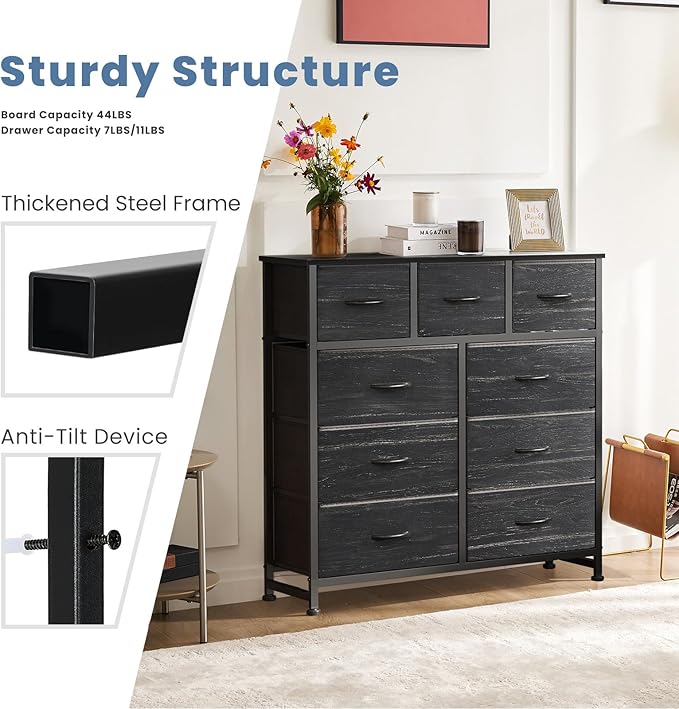 DUMOS 9 Drawer Dresser for Bedroom, Fabric Storage Organizer with Sturdy Metal Frame, Wooden Top Chest of Drawers for Closet 