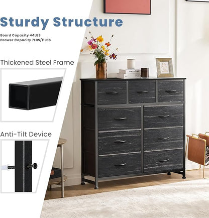 DUMOS 9 Drawer Dresser for Bedroom, Fabric Storage Organizer with Sturdy Metal Frame, Wooden Top Chest of Drawers for Closet 