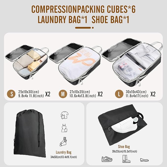 8 Set Compression Packing Cubes for Travel, Expandable Luggage Organizer with Shoe Bag & Laundry Bag - Lightweight Suitcase &