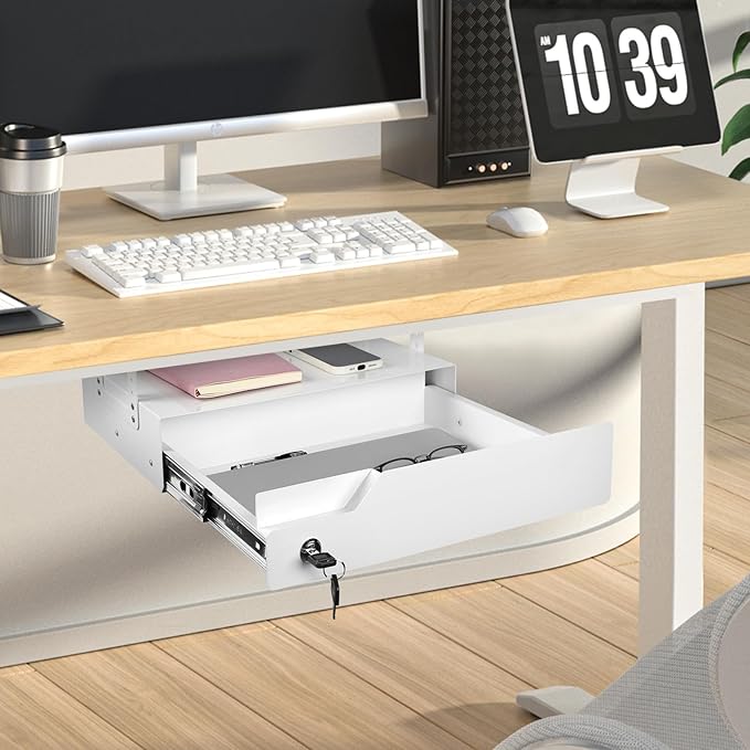 16 inch Under Desk Mounted Drawer with Tall Brackets Height Adjustable Pull Out Drawer Covered with Lock Secure for Office De