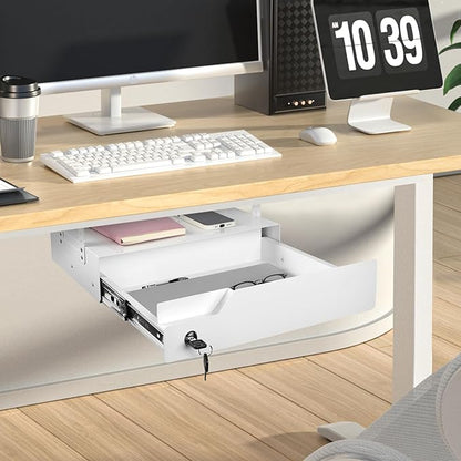 16 inch Under Desk Mounted Drawer with Tall Brackets Height Adjustable Pull Out Drawer Covered with Lock Secure for Office De