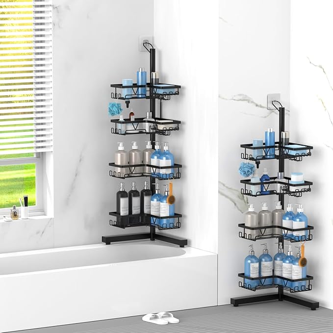 KEGII Floor Shower Caddy Standing – 4-Tier Corner Shower Organizer with Hooks & Soap Holder, Free-Standing Bathroom Storage R