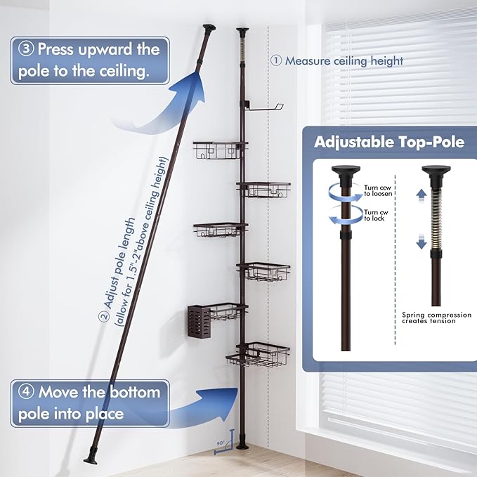 Corner Shower Caddy Tension Pole,Adjustable 30-120 Inch Bathroom Organizer Storage,Rustproof 6-Tier Shower Corner Shelves,Tow