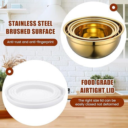 Teenyyou Gold Mixing Bowls with Airtight Lids Stainless Steel Mixing Bowl Set of 5, 4 Metal Nesting Organizers 4 in 1 Colander Non-slip Bottom Size 1.5, 2.0, 2.5, 4.0 Qt for Baking Serving Food