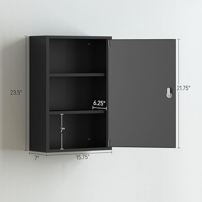kleankin Steel Wall Mount Medicine Cabinet 3 Tier Emergency Box for Bathroom Kitchen, Lockable with 2 Keys, Black