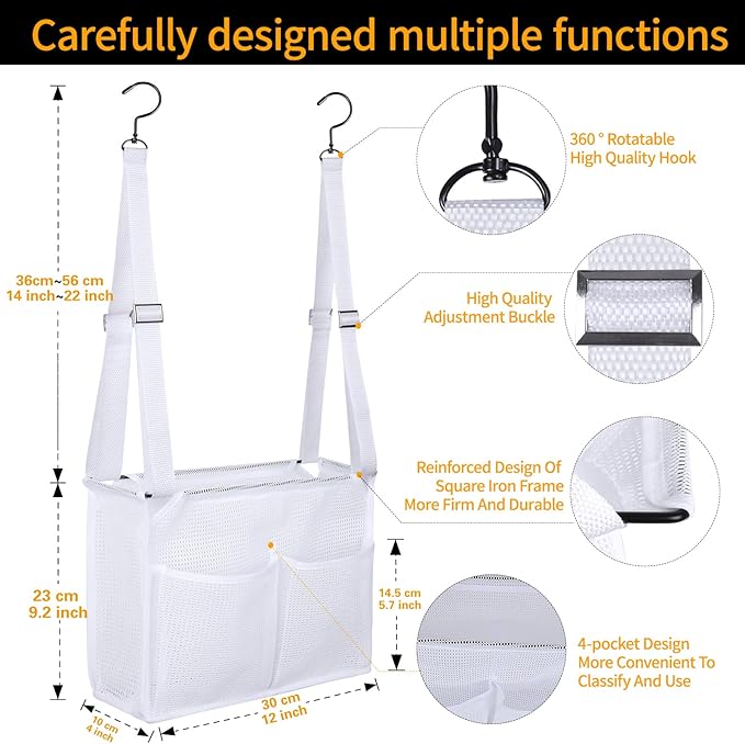 4 Storage Pockets Adjustable Hanging Mesh Bathroom Bag, Shower Caddy College with Hooks, Applied to College Dorm Rooms, Gym, 
