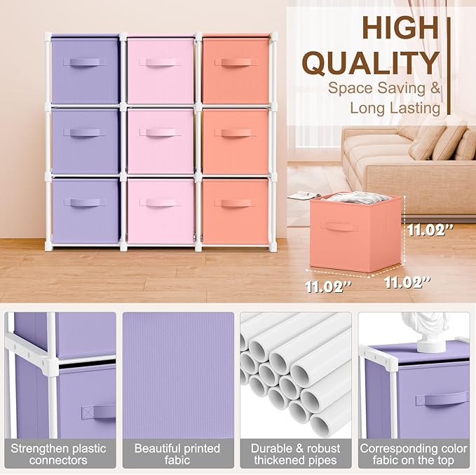 9 Cube Storage Organizer with Shelf Back to School Boxes 11 Inch Toy Storage Bins Closet Organizers Drawers Fabric Dresser fo