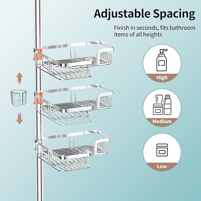 KEGII Shower Caddy Tension Pole – Corner Rustproof Bathroom Organizer with Soap Holder & Hooks, No-Drill Adjustable Shower Sh