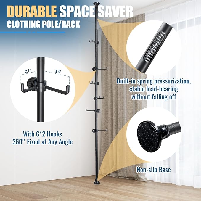 Coat Rack Freestanding with 12 Hooks - Multi-Purpose Organizer for Entryway, Bathroom, Corner & Plant Storage, No Drilling, H