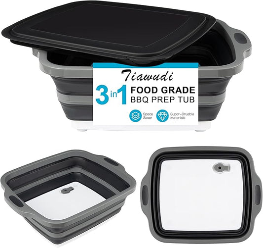 Collapsible Cutting Board with Container, Foldable Camping Sink with Colander, BBQ Prep Tub with Lid, Multifunction Dish Basi