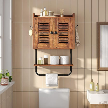 HOOBRO Bathroom Wall Cabinet, Double Doors Medicine Cabinet with Towel Bar, Adjustable Shelf, 2 Hooks, Over The Toilet Storag