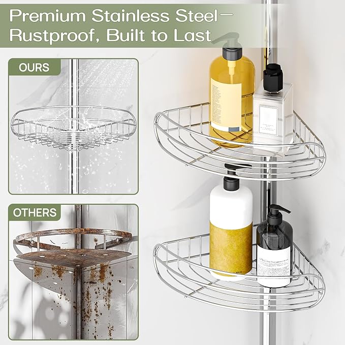 ALLZONE Corner Shower Caddy Tension Pole, 4-Tier Adjustable Shelves, Rustproof Bathroom Shower Organizer Corner for Inside Sh