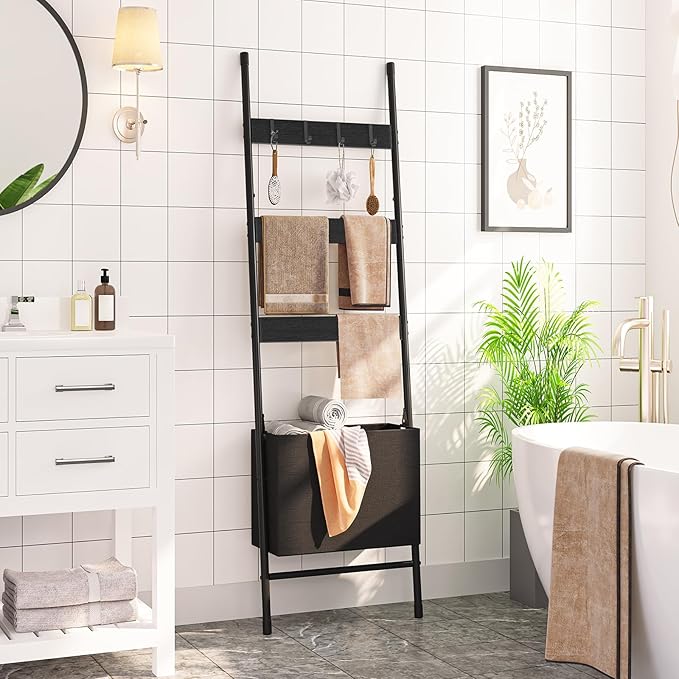 HOOBRO Blanket Ladder with Basket, 17.3”L x 63.4”H, Towel Rack with Hooks, Blanket Holder Rack, Decorative Ladder Shelf, Dryi