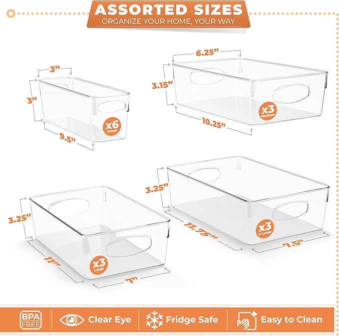 Sorbus Clear Plastic Storage Bins for Organizing, 15 Pack Clear Organizer Bins with Handles, Plastic Storage Bins for Closet,